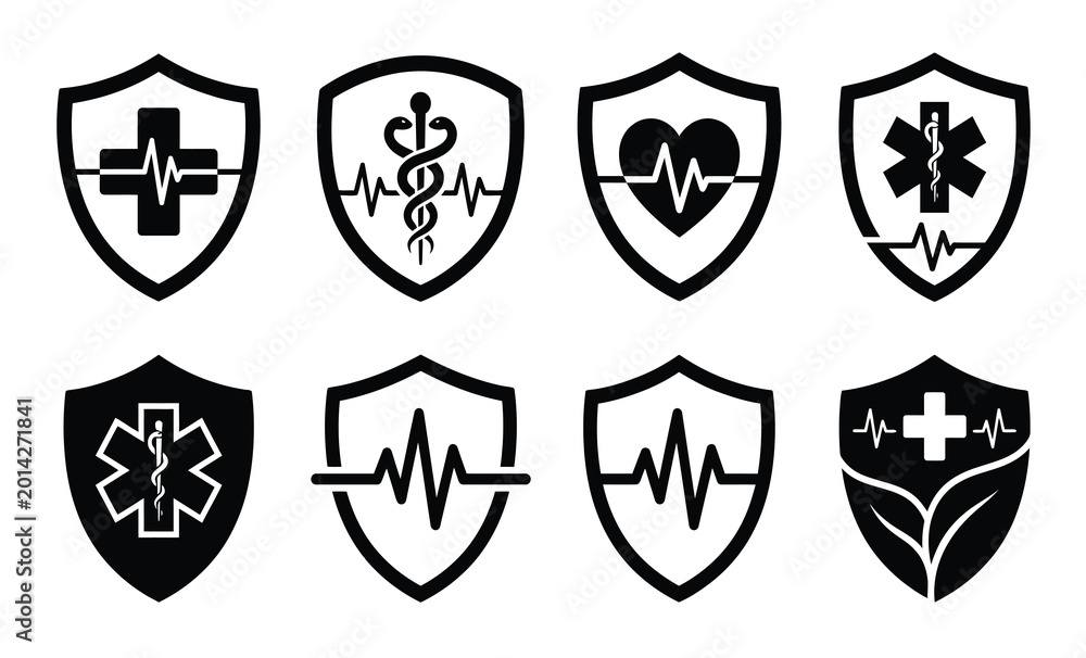 Fototapeta premium Eight black shield icons displaying various medical symbols a striking silhouette