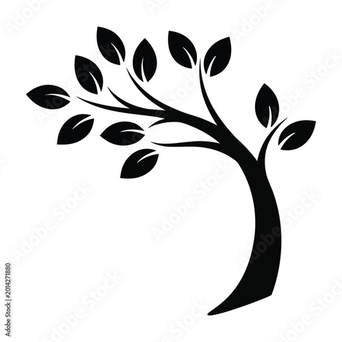 Fotografie Stylized black silhouette of a tree with a curved trunk and numerous leaves on its branches, depicted against a white background