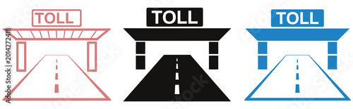 Road toll icon set, flat design style, toll booth and barrier gate symbols, highway payment and traffic control concept, modern vector illustration for transportation apps, road systems, and infrastru