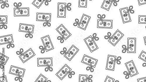 Seamless vector pattern of scissors cutting a money note on a transparent background, symbolizing financial tax. Tax, taxes, VAT, and the taxation concept background. Finance and business patterns.