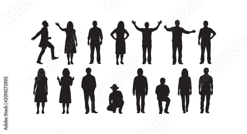 Diverse people silhouettes collection standing and sitting in various poses for architectural scale and community vector.
