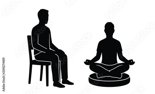 Two men in contrasting poses one seated and one meditating silhouette