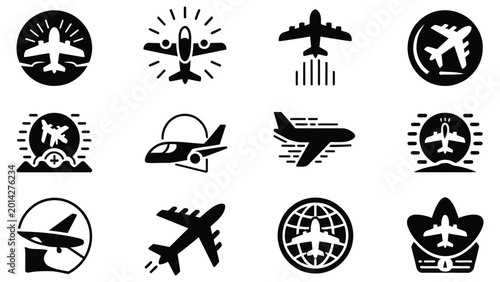 Tableau sur toile Set of 12 minimalist black and white airplane silhouettes featuring runway takeo