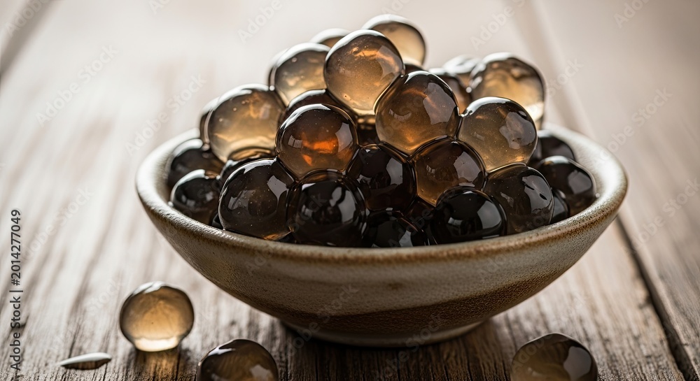 Fototapeta premium Brown gelatin capsules in bowl on table.