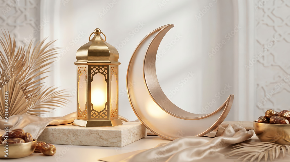Fototapeta premium luxury eid al-adha composition with glowing lantern and crescent moon