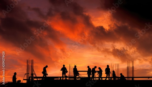 Construction workers silhouetted against dramatic sunset sky