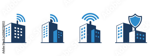 Adobe Illustrator ArtworkSmart building and connected city icon set, networked buildings and digital infrastructure symbols, IoT smart urban concept, clean vector illustration for technology dashboard