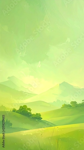 Soft, painterly green hills and hazy sky