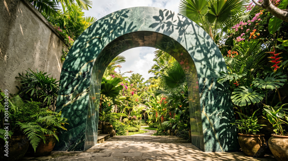 Fototapeta premium Elegant green marble archway standing as an inviting entrance to a lush tropical garden paradise