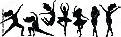 Foto Vector silhouettes set of graceful women performing various dance styles includi