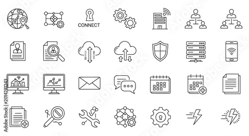 A set of black line icons representing various technology, communication, and security concepts on a white background.