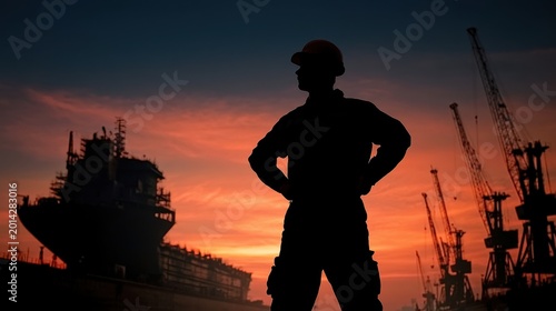 Silhouette of industrial worker standing with hand on hip at harbor sunset