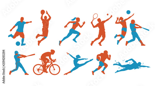 Foto Large collection of colorful sports athlete silhouettes featuring diverse player