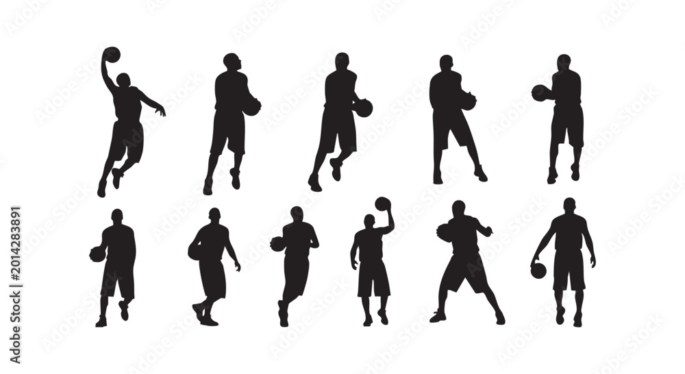 Obraz premium Ten basketball players silhouettes in various action poses for sport competition design isolated on white background.