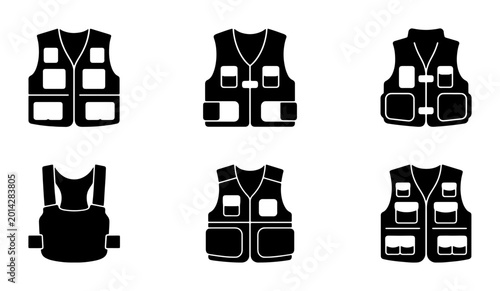 Foto Fishing Vest Icons Set, Outdoor Gear Graphics, Hunting Waistcoat Vector Collecti