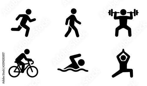 Photos Fitness Icons Set: Running, Walking, Weightlifting, Cycling, Swimming, Yoga Pose