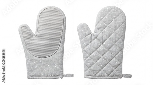 Two gray oven mitts isolated on white background for kitchen use