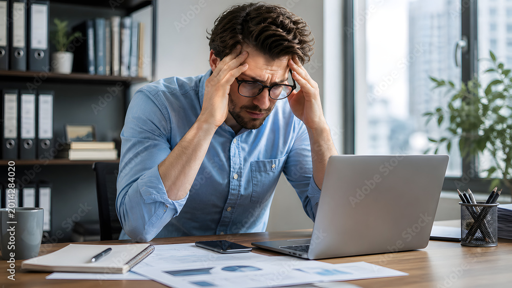 Naklejka premium Stressed Businessman Working on Laptop in Office