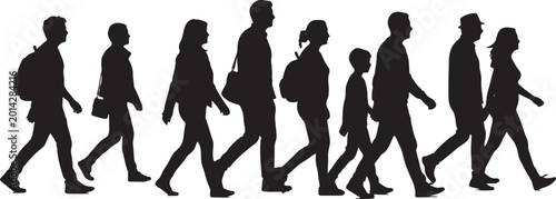 Photos Large group of diverse people walking silhouettes featuring men women and childr