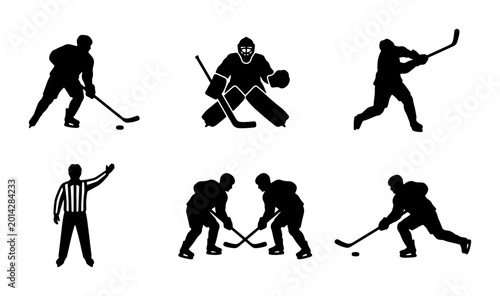 Photography Ice Hockey Player Silhouettes, Goalie, Referee, and Action Poses Vector Set
