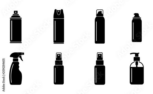 Collection of 8 Black Spray Bottles and Dispensers, Vector Icons for Cosmetics, Cleaning, and Personal Care Products