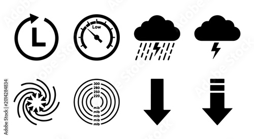 Cuadro en lienzo Weather Icons Set: Rain, Lightning, Hurricane, Speedometer, Time, Down Arrow, Al