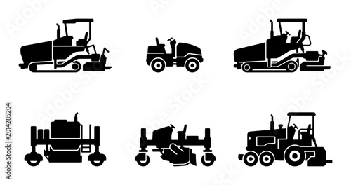 Schilderij op canvas Construction Equipment Icons: Asphalt Paver, Roller, Grader, and Compactor Vecto