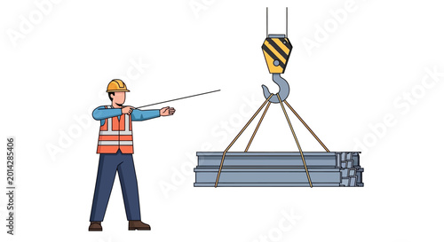 Construction worker guiding crane with steel beams on white background