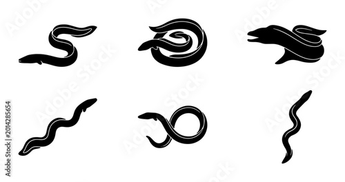 Set of Six Black Eel Silhouettes, Marine Life Vector Icons, Aquatic Animal Graphics, Underwater Creature Illustrations