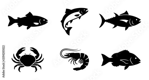 Seafood Icons Collection: Fish, Shrimp, and Crab Silhouettes for Culinary and Marine Themes, Vector Graphics