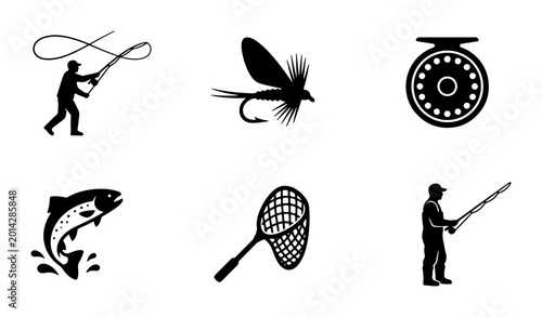 Fly Fishing Icons Set, Angler Silhouette, Jumping Trout, Fishing Lure, Net, Reel, Outdoor Sport Vector Graphics