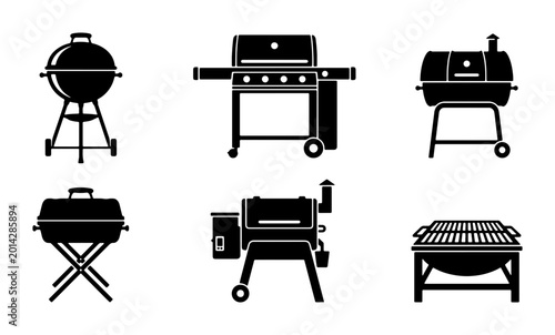 Barbecue Grill Icons Set, Outdoor Cooking Equipment Vector Graphics, Grilling Tools Collection, Summer Food Preparation