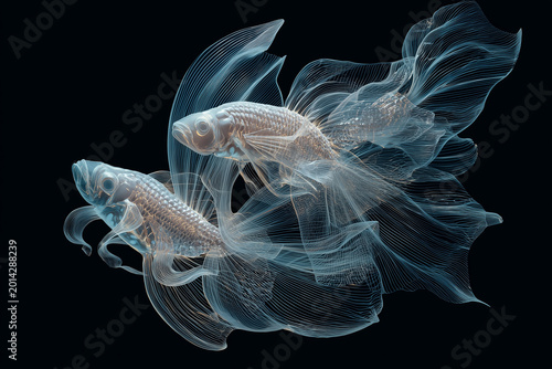 A transparent two fight fishes on a black background