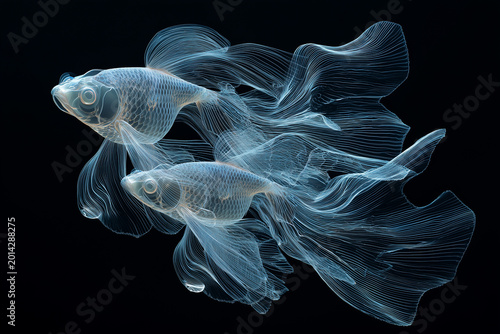 A transparent two fight fishes on a black background