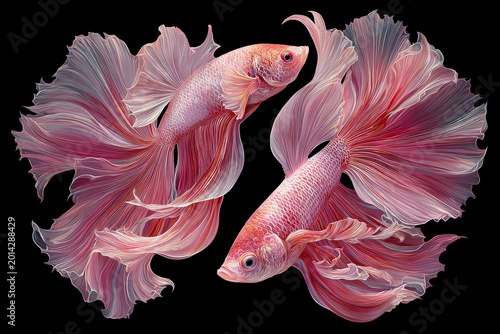 A beautiful two fishes red and white betta fish, delicate long tail