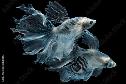 A transparent two fight fishes on a black background 