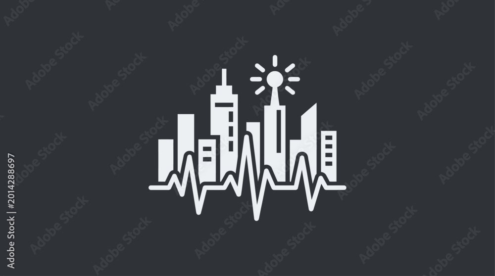 Fototapeta premium Minimalist cityscape icon with a heartbeat line and sun symbolizing urban health and monitoring