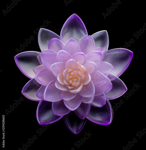 Transparent purple flower made from glass on black background