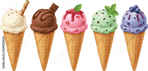 Bild auf Leinwand Assorted Ice Cream Cone Vector Set with Vanilla Chocolate Strawberry Mint Choc C