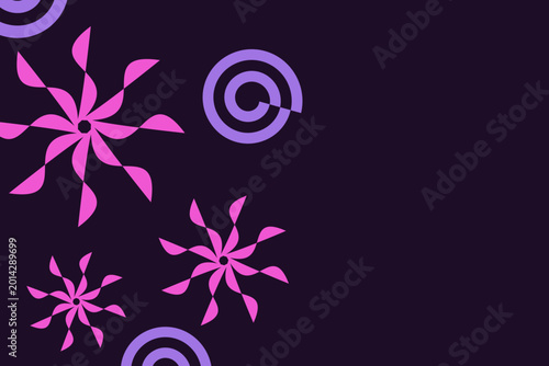 Abstract Dark Background with Pink Geometric Flower Shapes and Purple Concentric Circles