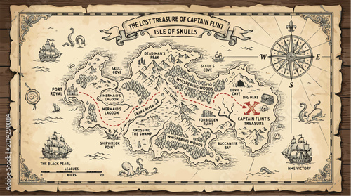 Pirate treasure map engraving style vector illustration