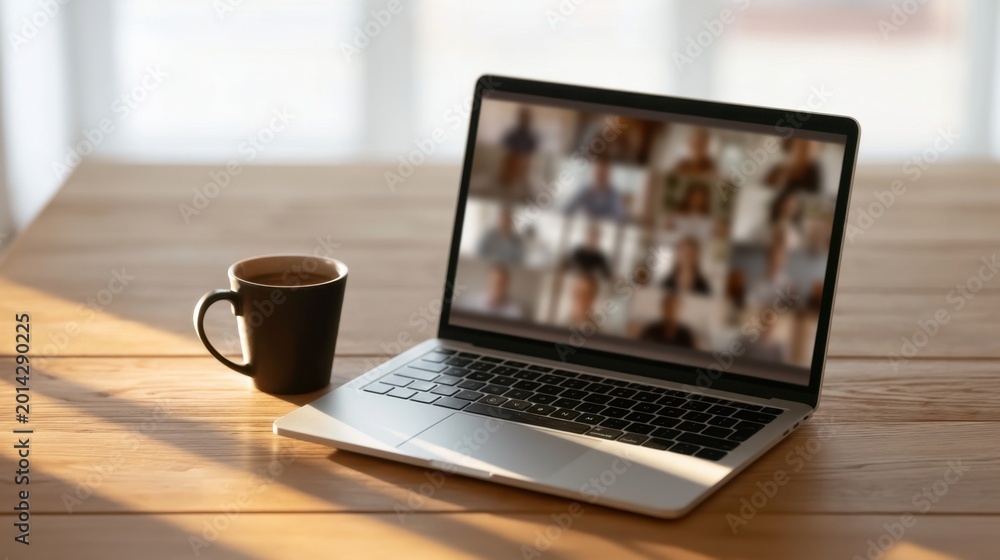 Fototapeta premium Laptop with video conference call and coffee mug on wooden table in home office