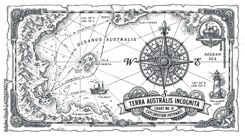 Vintage nautical map fragment with compass rose engraving vector