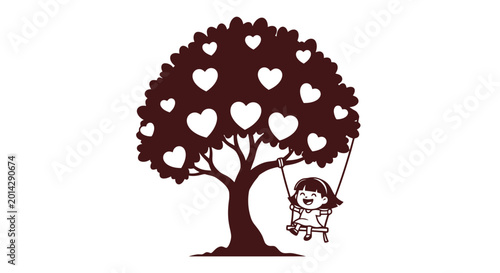 Foto A child happily swinging on a heart-shaped tree.