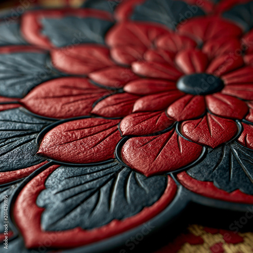 Extreme macro close-up of a Kamakura-bori carved wood flower. Detailed texture of red cinnabar and black lacquer with visible carving marks and soft shallow depth of field