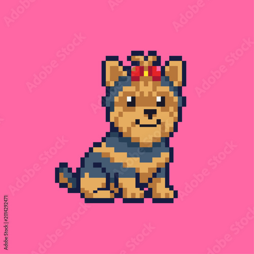 Small Yorkshire Terrier dog breed pixel art icon sitting with a decorative hair bow on a vibrant pink background for mobile game character design.