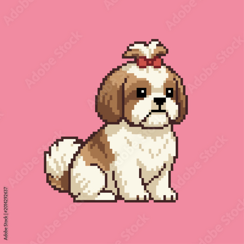 Sweet Shih Tzu dog breed pixel art icon sitting with a decorative hair bow and silky white and tan fur on a vibrant pink background for app icons.