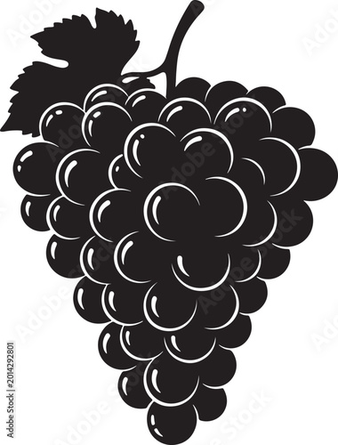 Konstfotografi Detailed black silhouette of a ripe bunch of grapes with a leaf and stem, showca