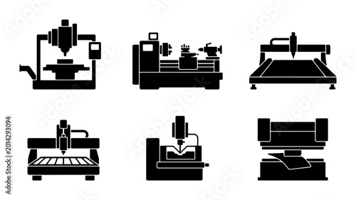 Industrial Manufacturing Machinery Icons Set, Precision Engineering Equipment Vector Graphics, CNC Machine Tools Collection for Technical Design