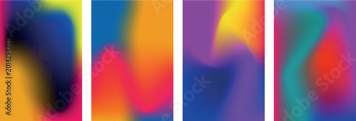 Foto A collection of four distinct abstract digital artworks each featuring a dynamic interplay of vibrant colors and fluid shapes